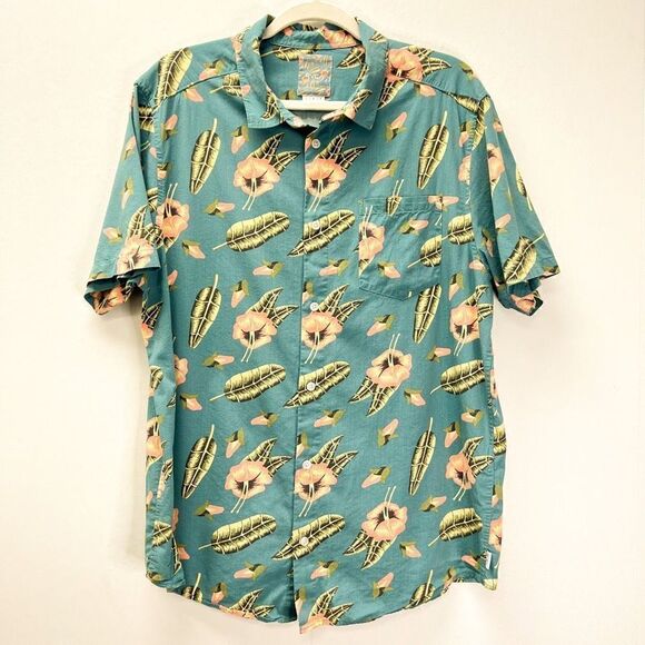 RVCA Tropical Hawaiian Shirt Green Floral Print Short Sleeve Button Down Shirt L - Picture 1 of 10